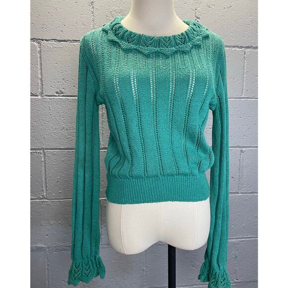 Vintage 1980s Teal Knit Cropped Sweater Lace Collar Cuffs Med Cottage Preppy - Picture 6 of 10
